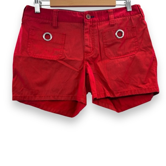 Y2K Tommy Hilfiger Red‎ Mid Rise Circle O-Ring Pockets Shorts Sz 32 - Picture 1 of 10